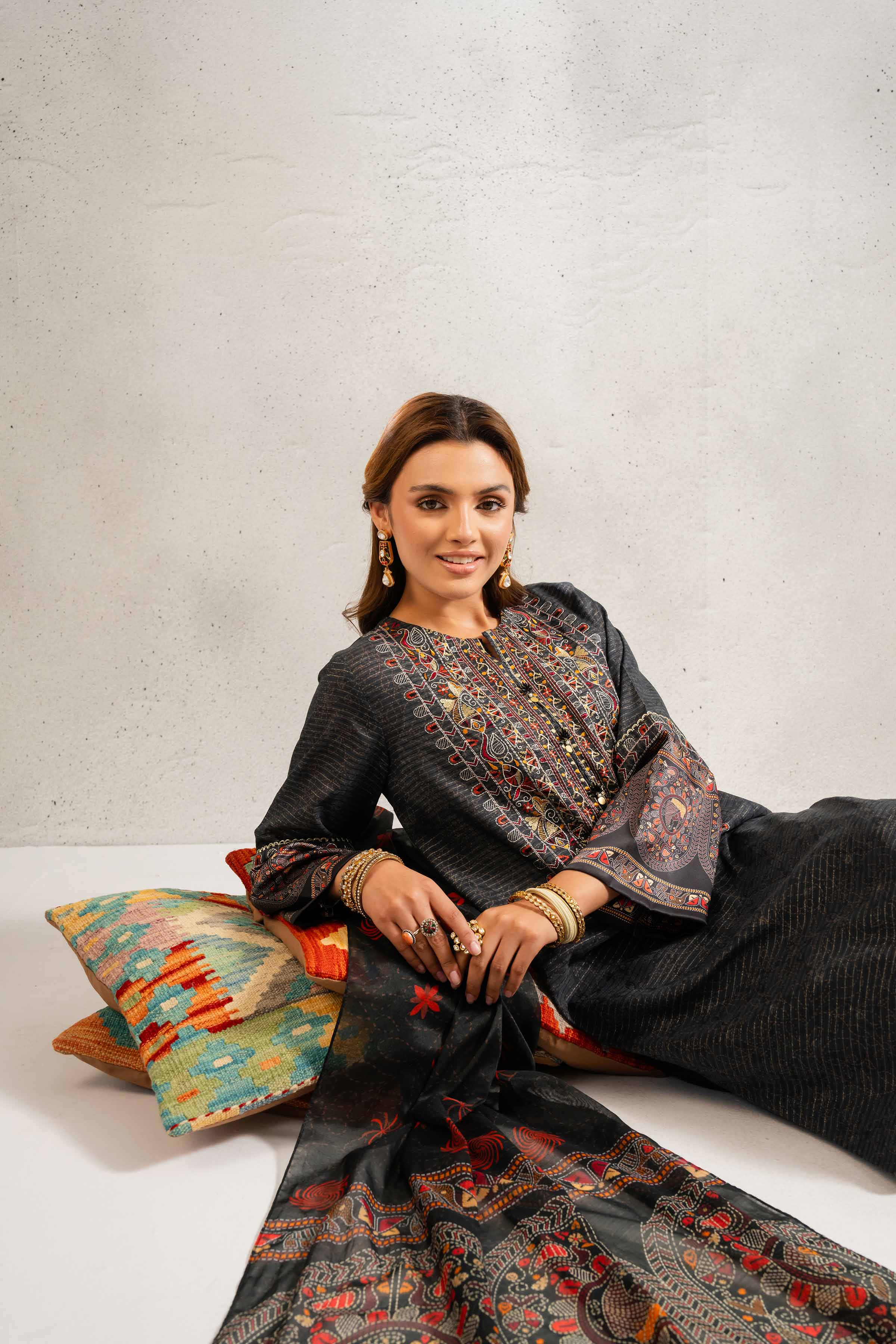 3 Piece - Printed Embroidered Suit - PE25-129