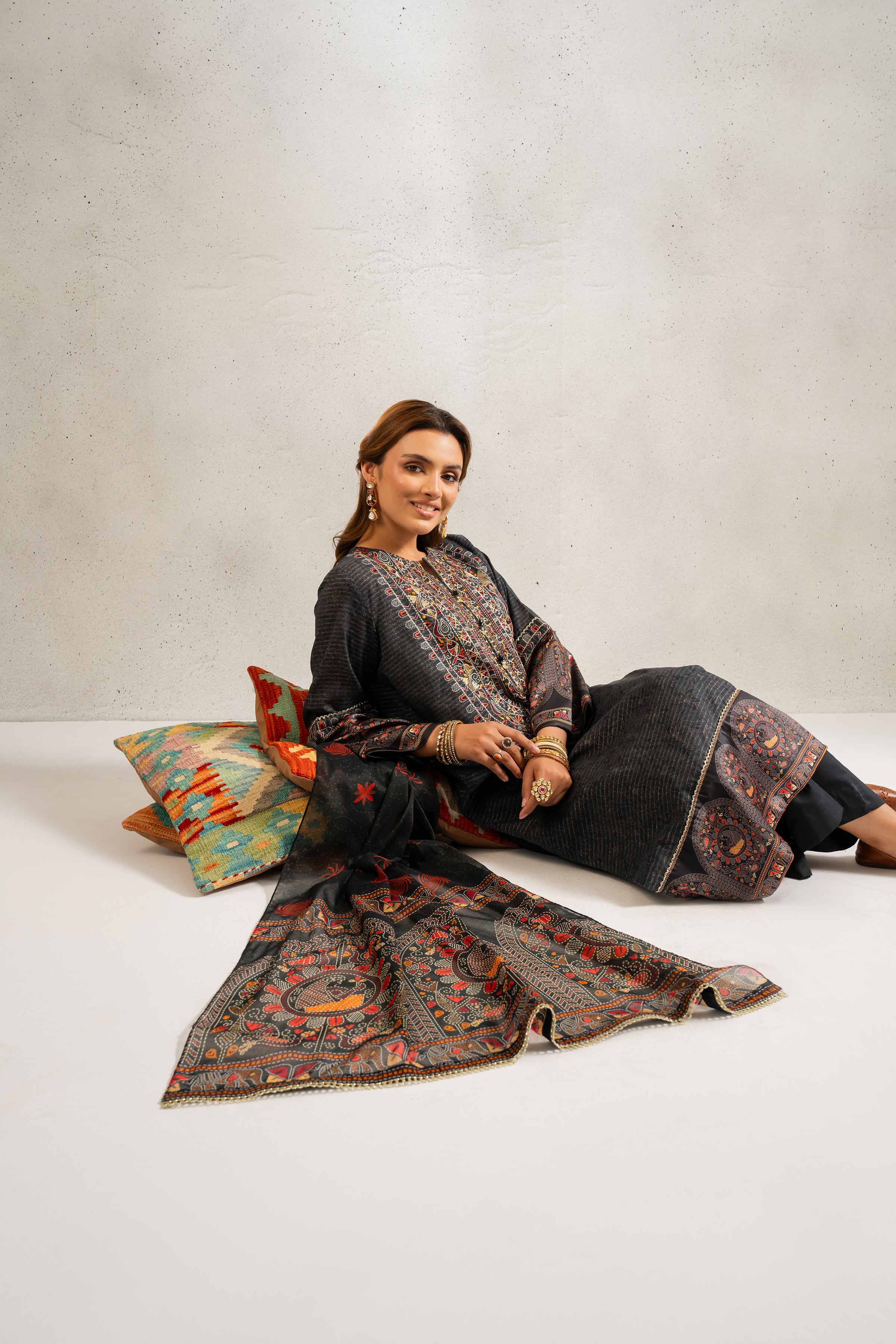3 Piece - Printed Embroidered Suit - PE25-129