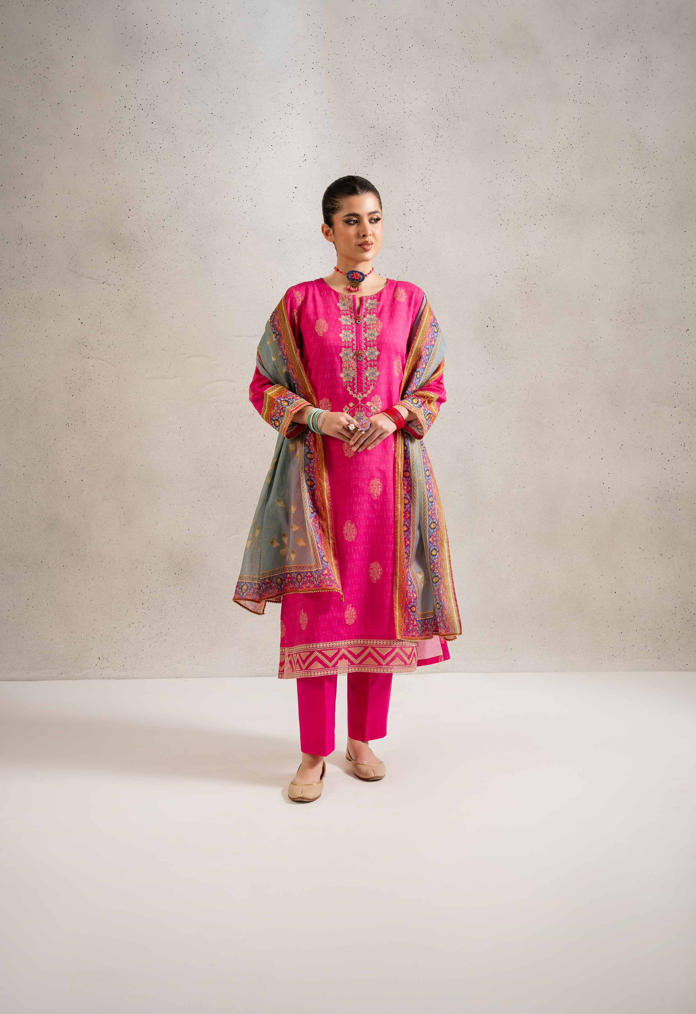 3 Piece - Printed Embroidered Suit - PE25-131