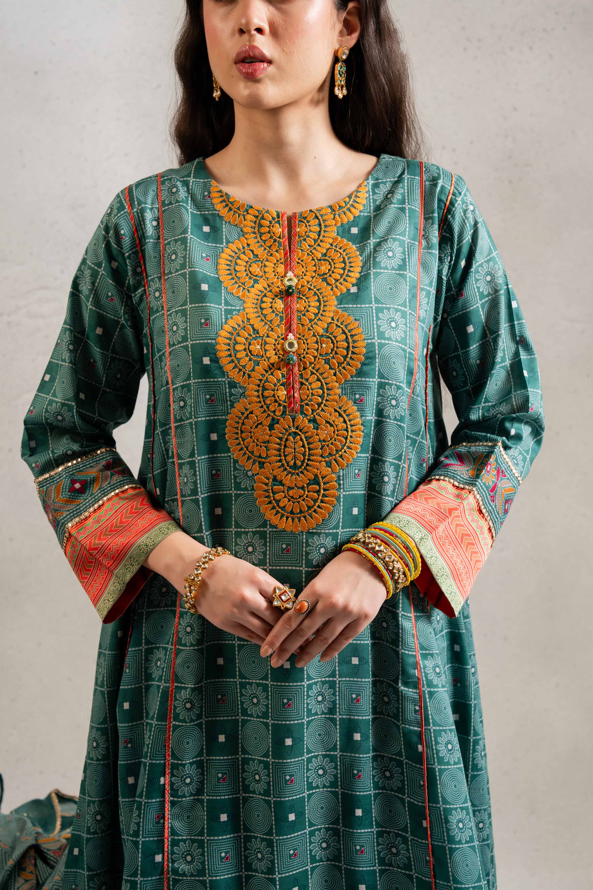 3 Piece - Printed Embroidered Suit - PE25-190
