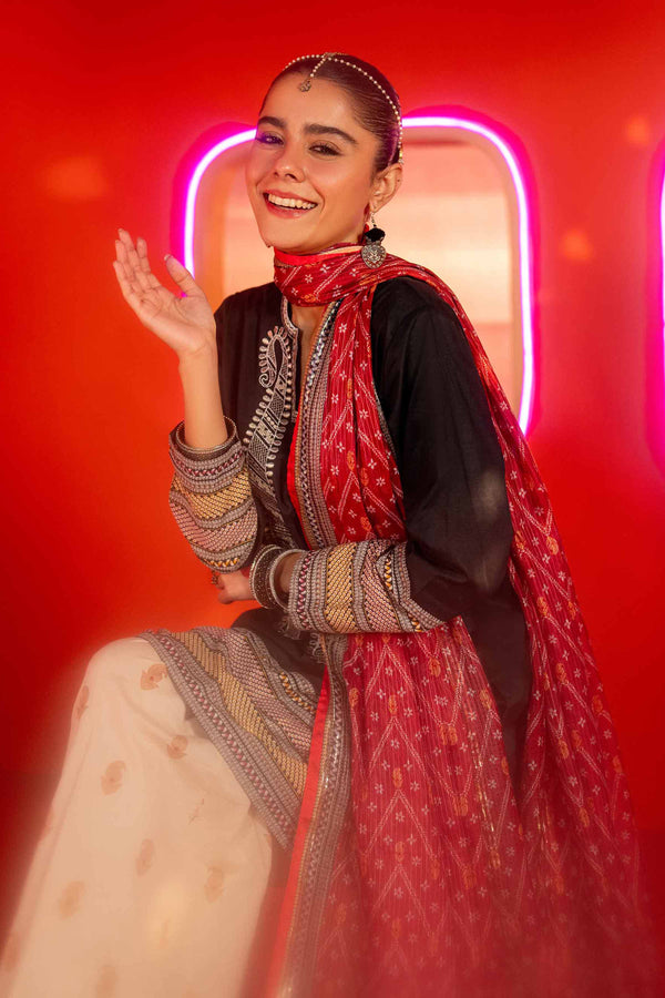 3 Piece - Printed Embroidered Suit - PE25-257