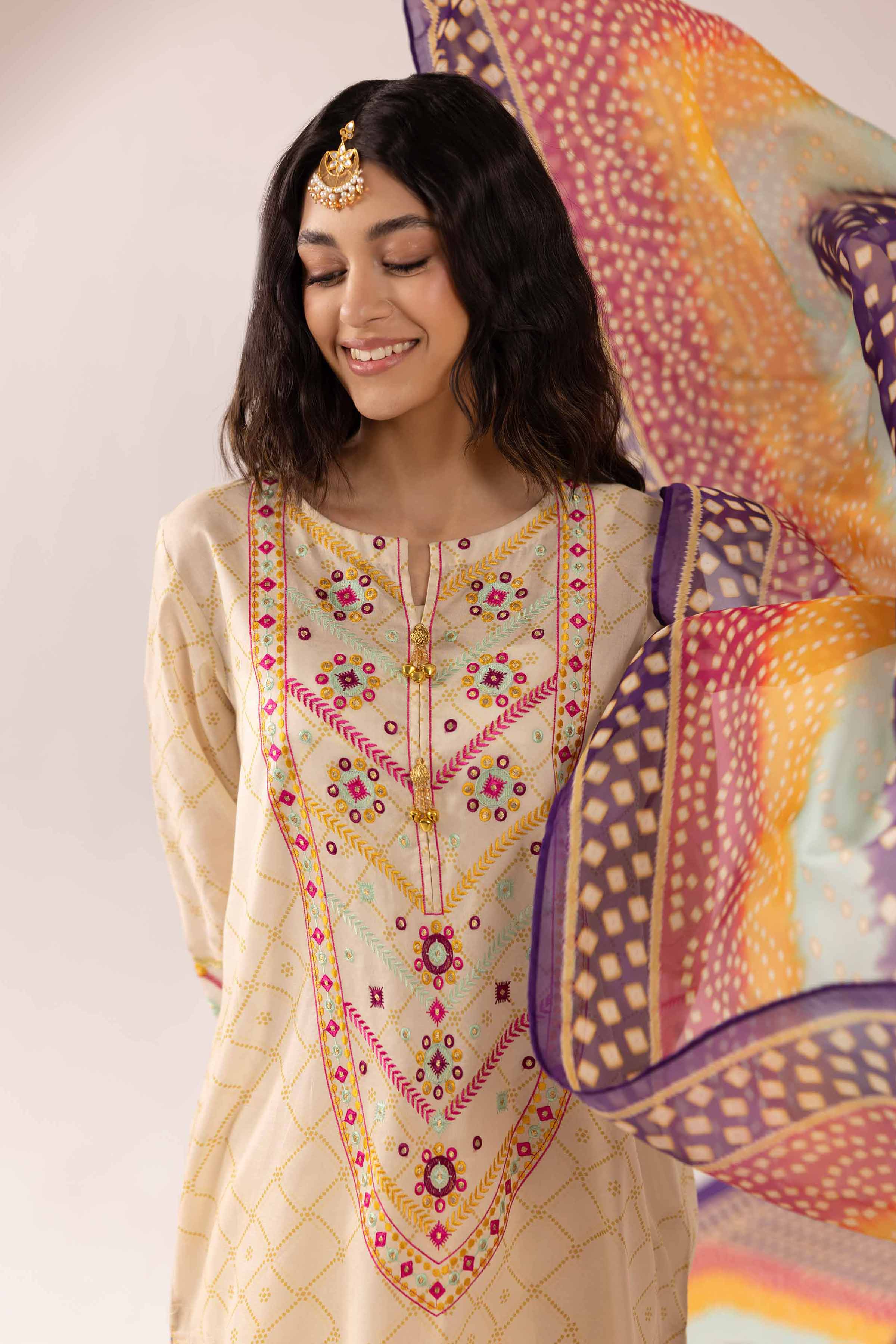 3 Piece - Printed Embroidered Suit - PE25-285