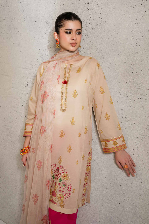 3 Piece - Printed Embroidered Suit - PE25-341