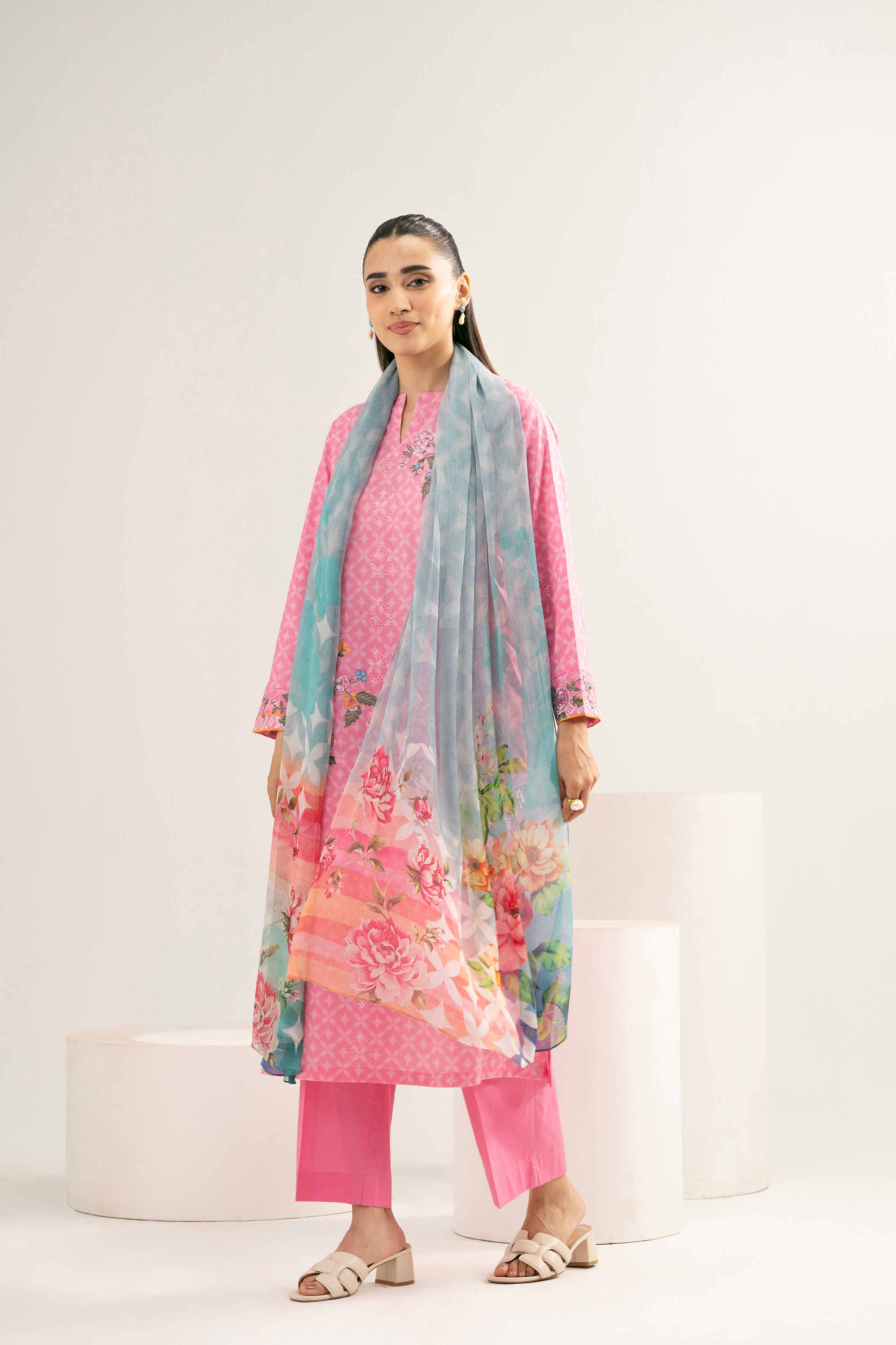 3 Piece - Printed Embroidered Suit - PE25-372