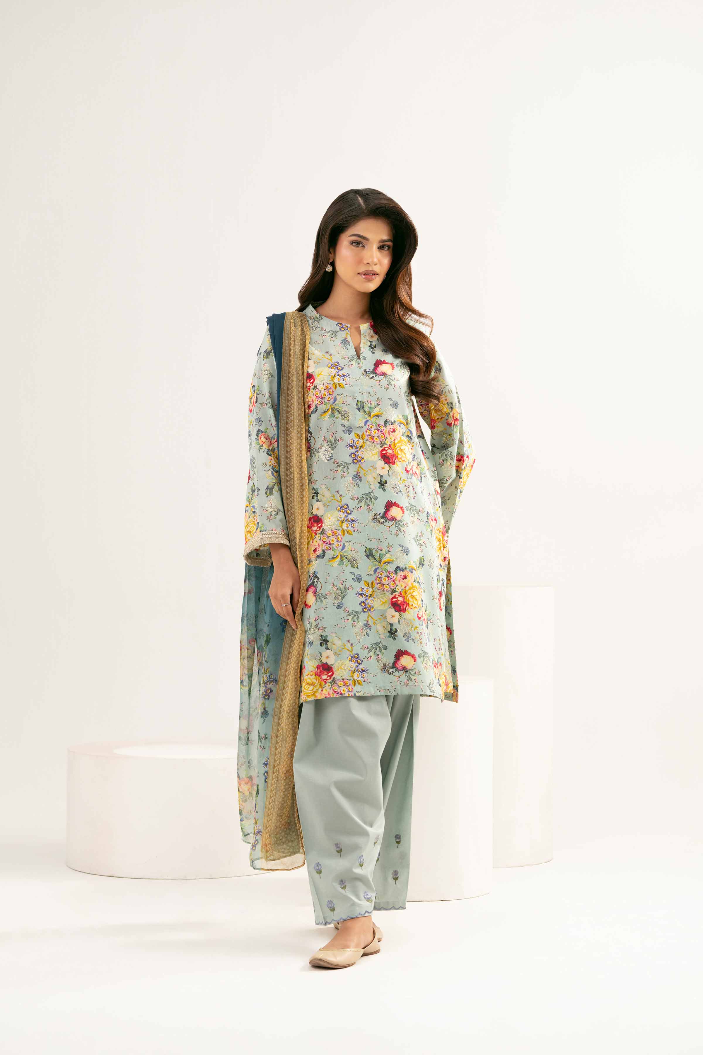 3 Piece - Printed Embroidered Suit - PE25-449
