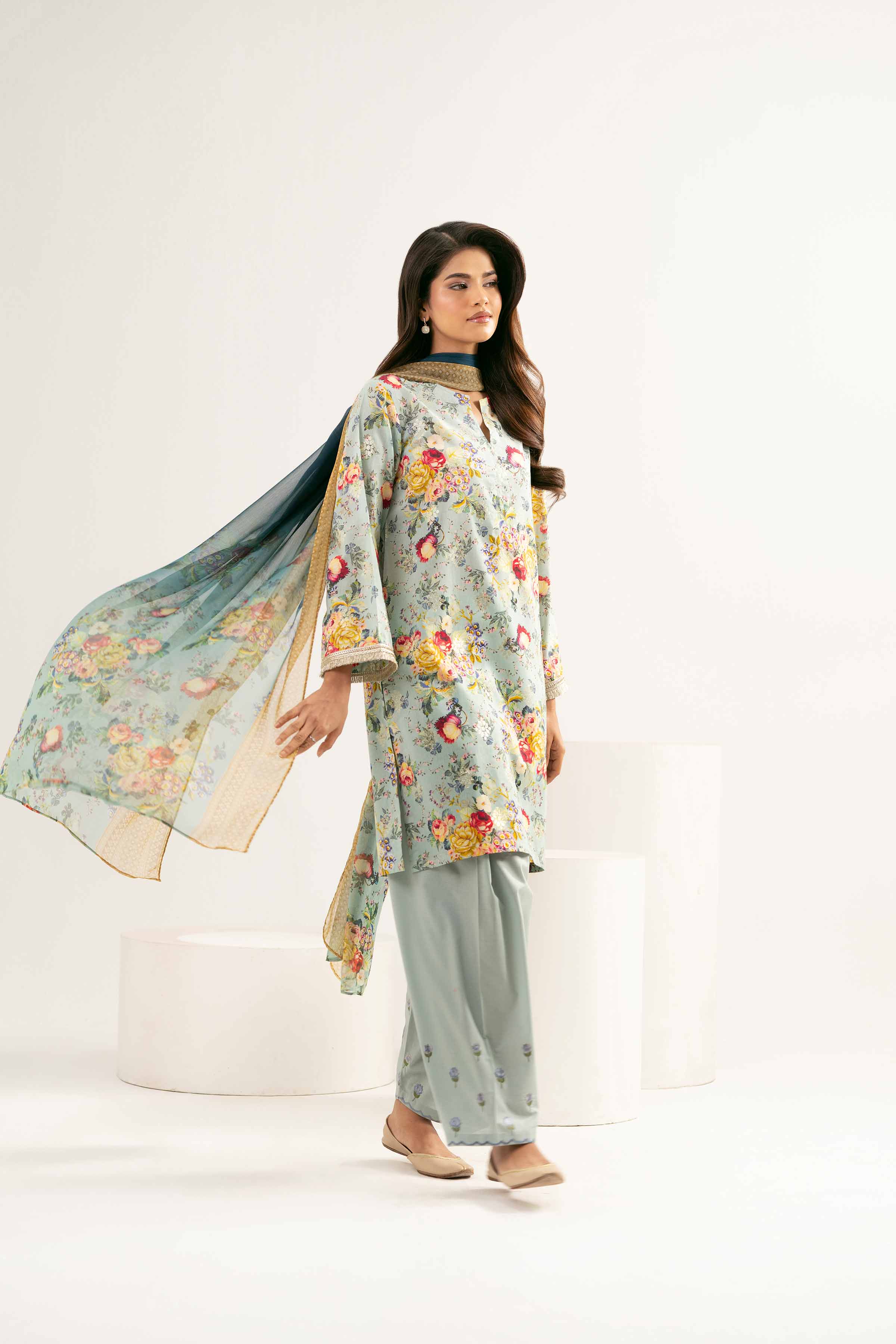 3 Piece - Printed Embroidered Suit - PE25-449
