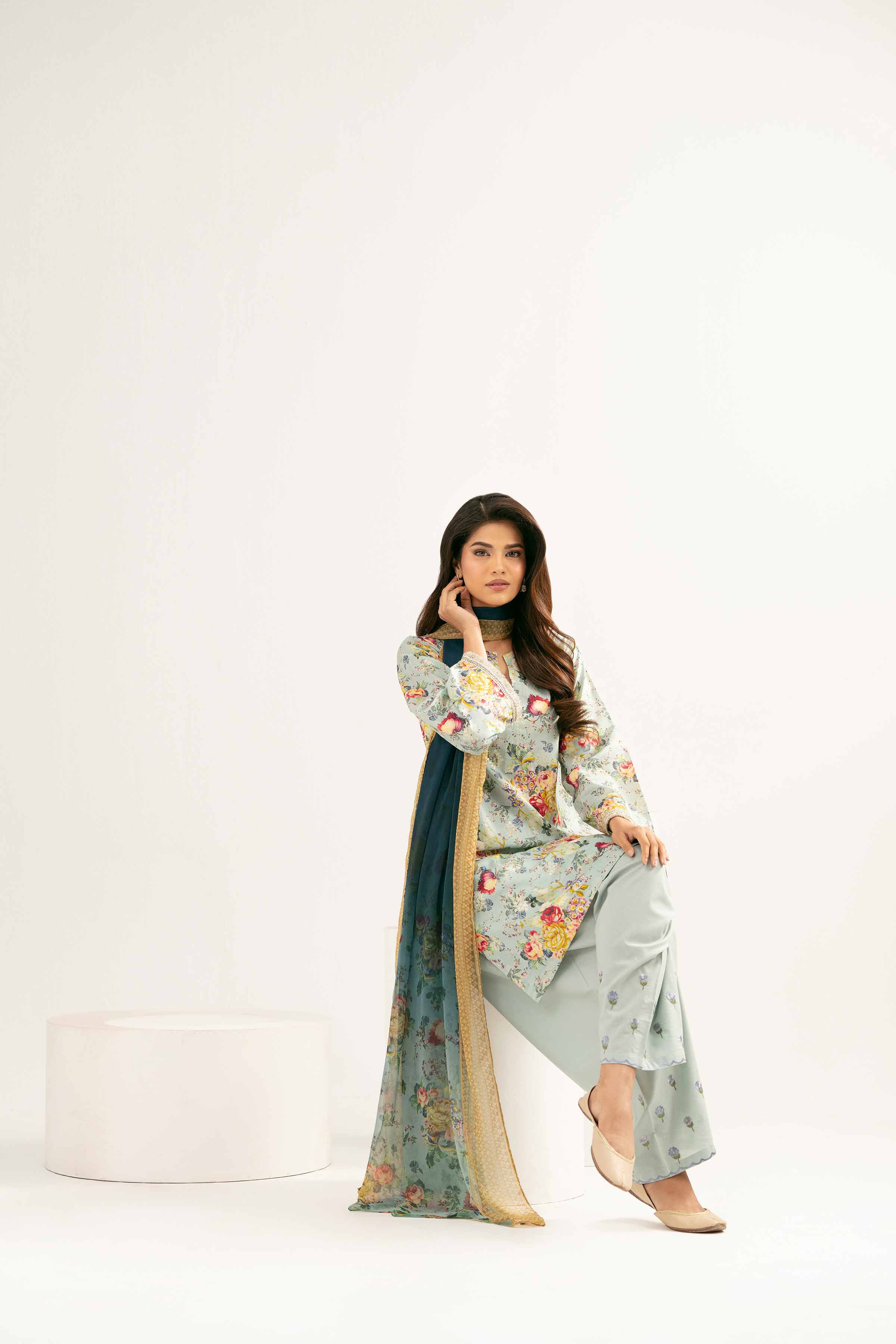 3 Piece - Printed Embroidered Suit - PE25-449