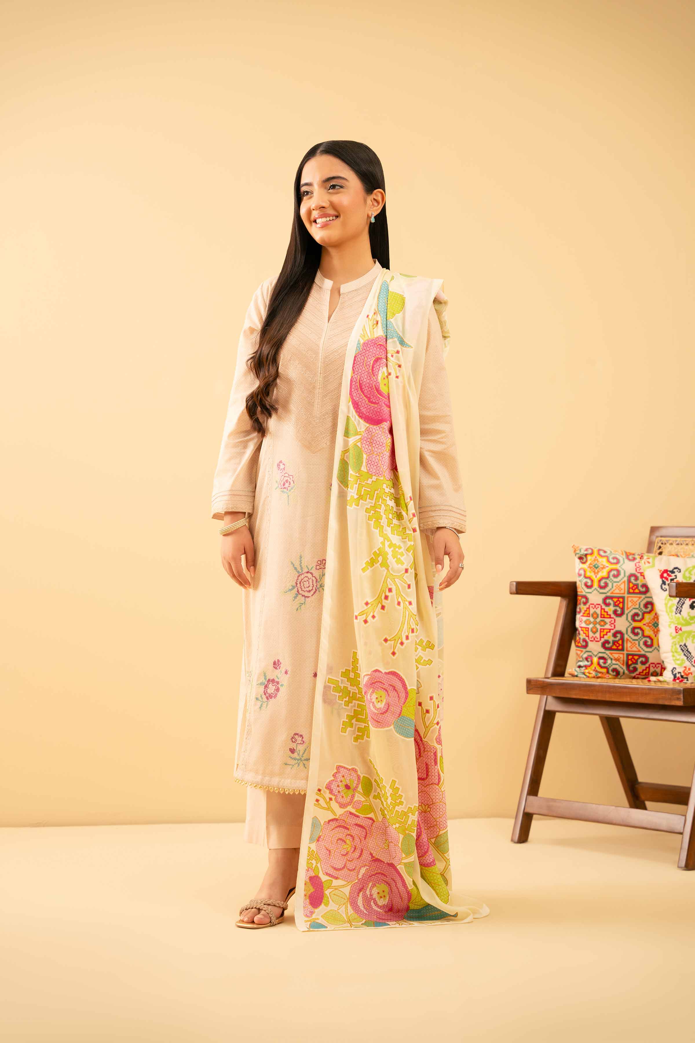 3 Piece - Printed Embroidered Suit - PE25-487
