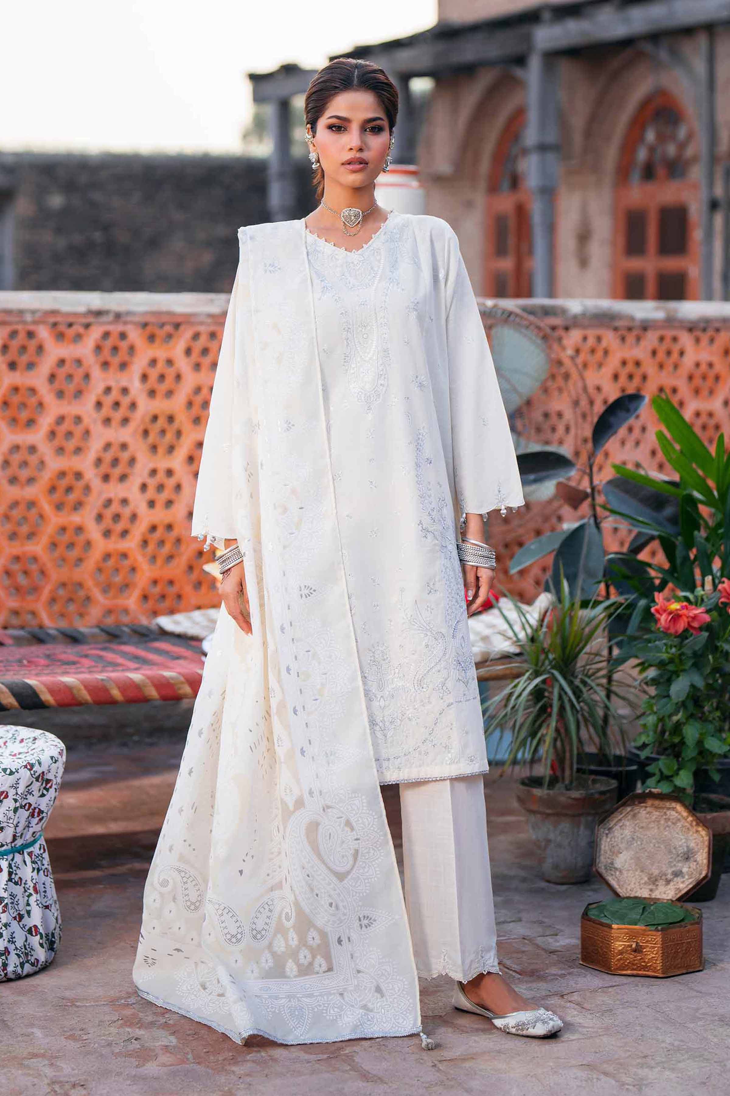 Buy Off White Embroidered Cross Hatch 3PC Ready To Wear Suit
