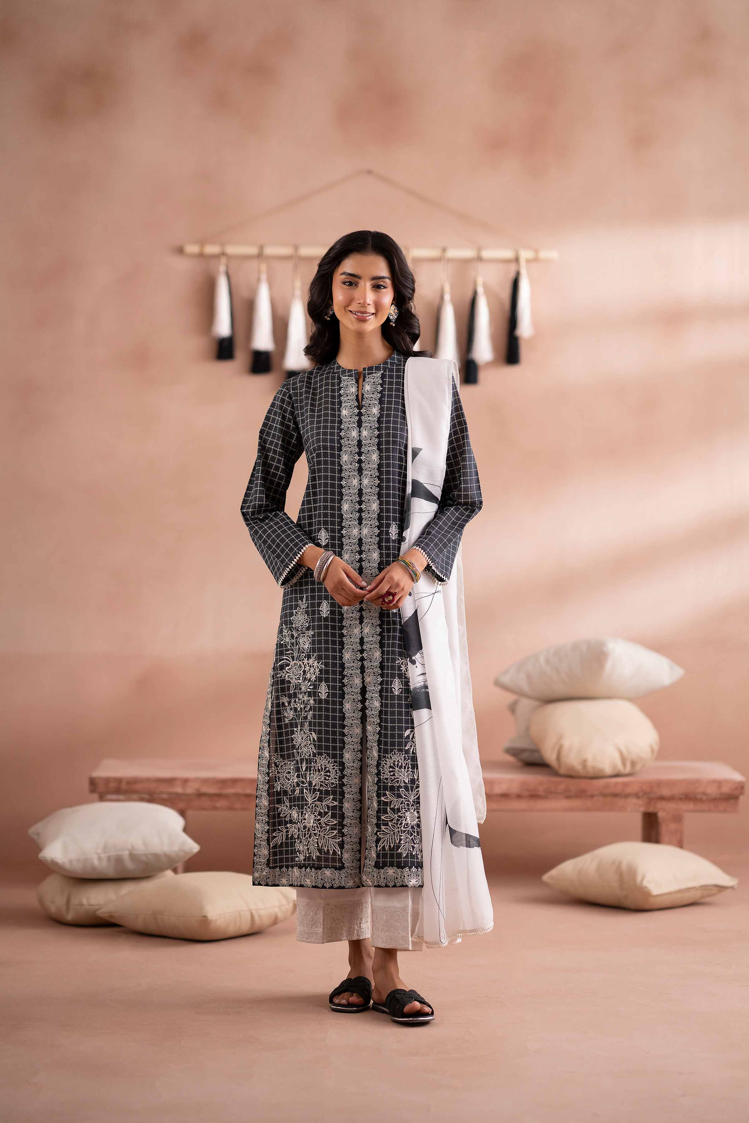 Buy Black & White Embroidered Lawn 2-piece ready to wear Dress