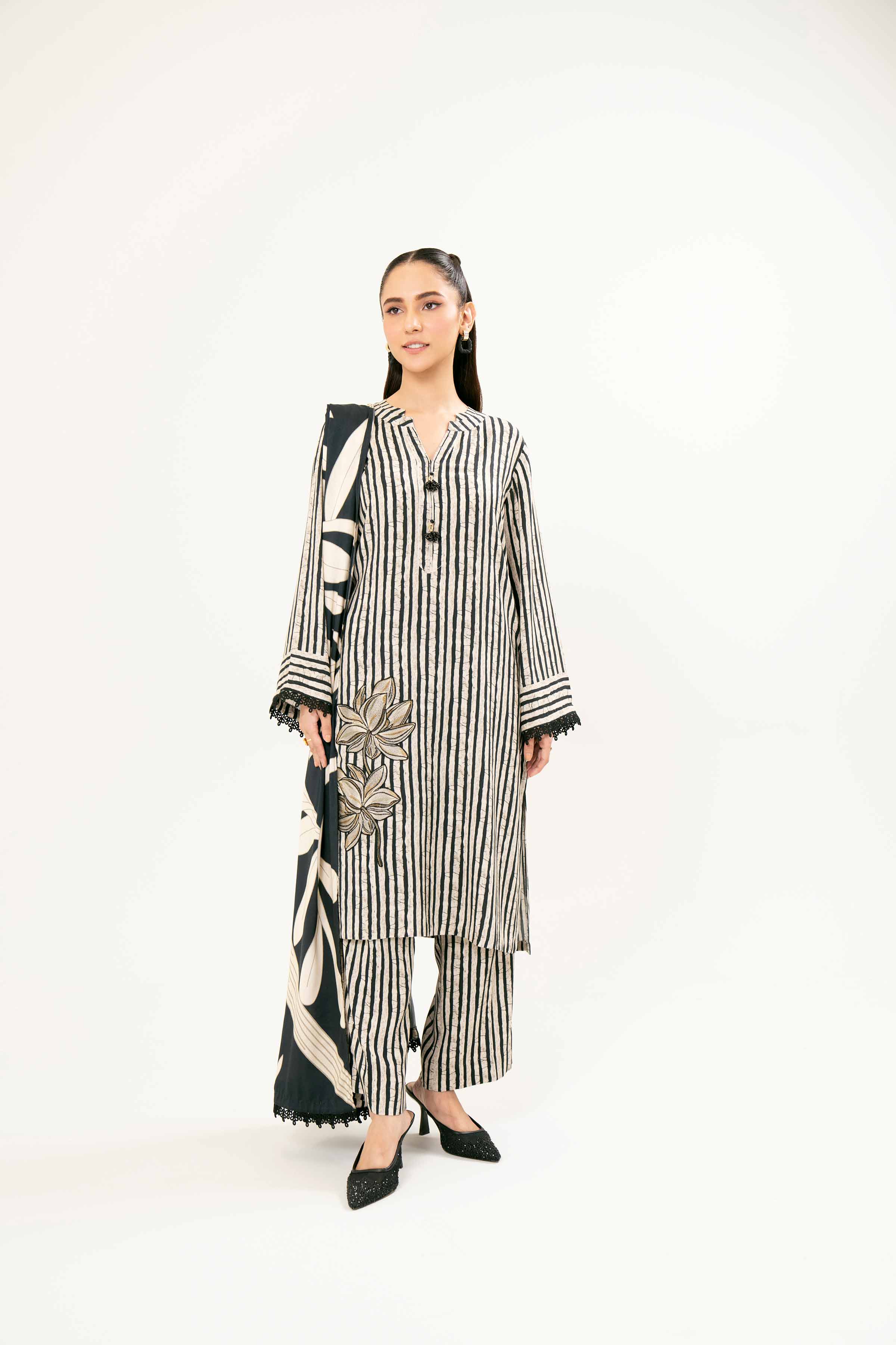 3 Piece - Printed Embroidered Suit - PW24-127