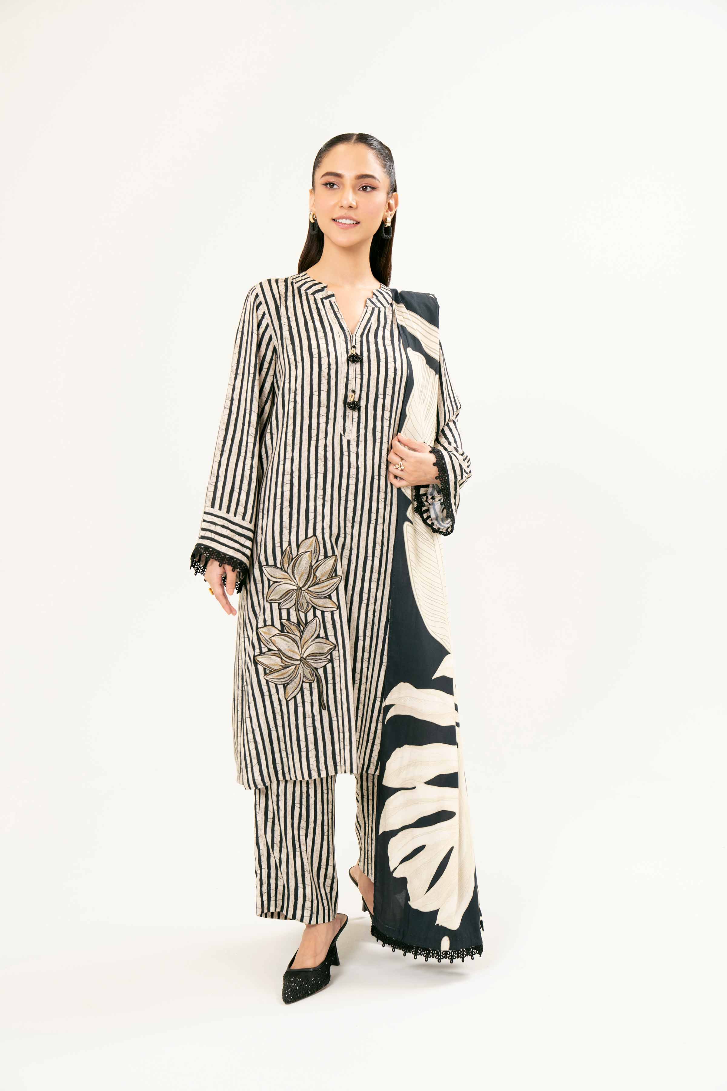 3 Piece - Printed Embroidered Suit - PW24-127