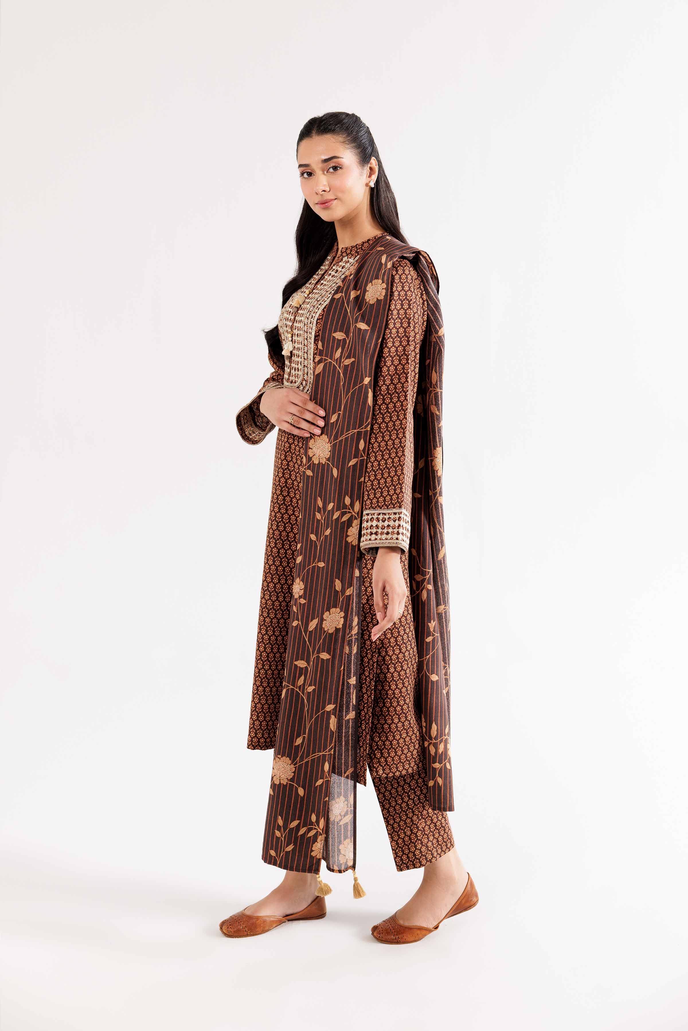 3 Piece - Printed Embroidered Suit - PW24-354