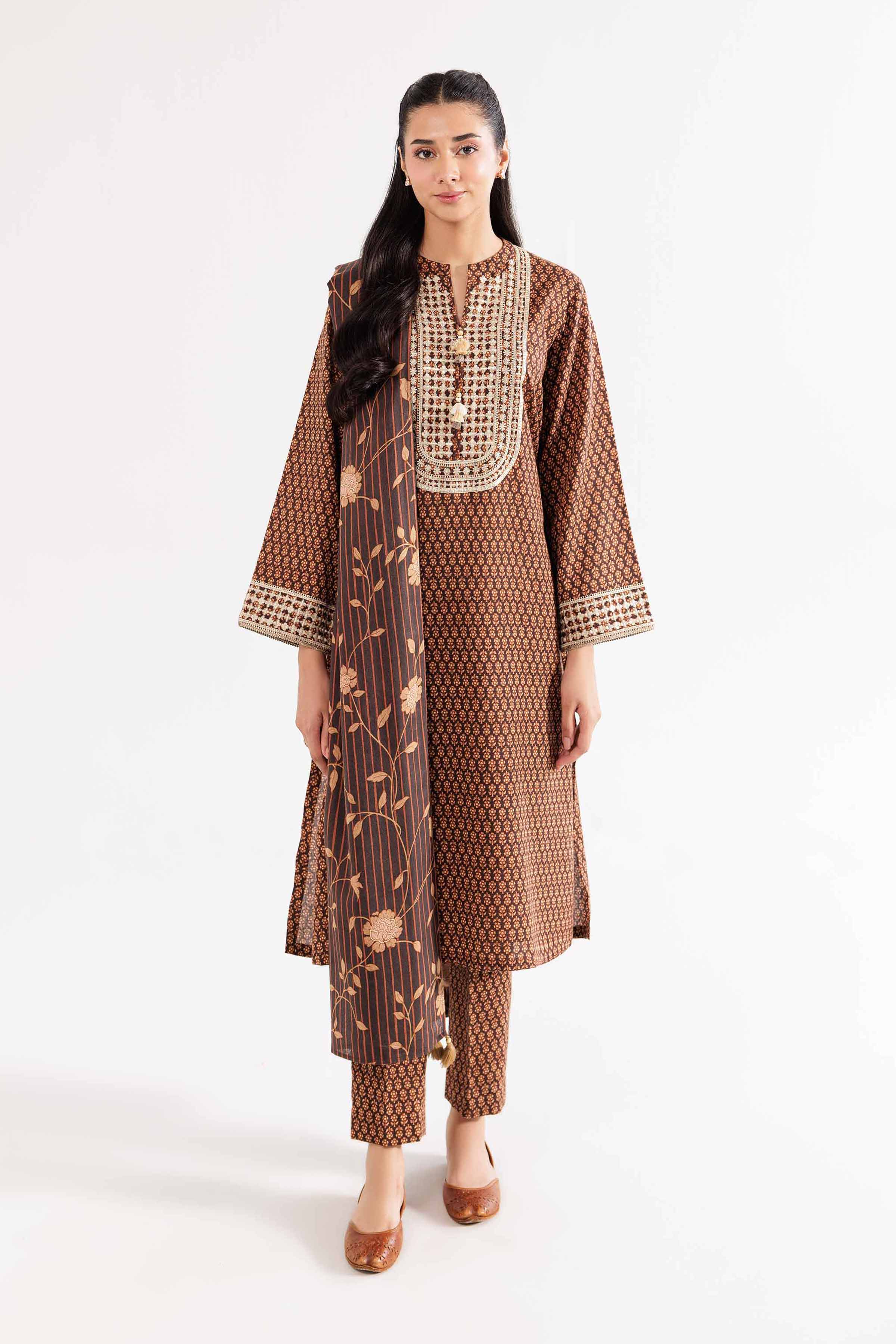 3 Piece - Printed Embroidered Suit - PW24-354