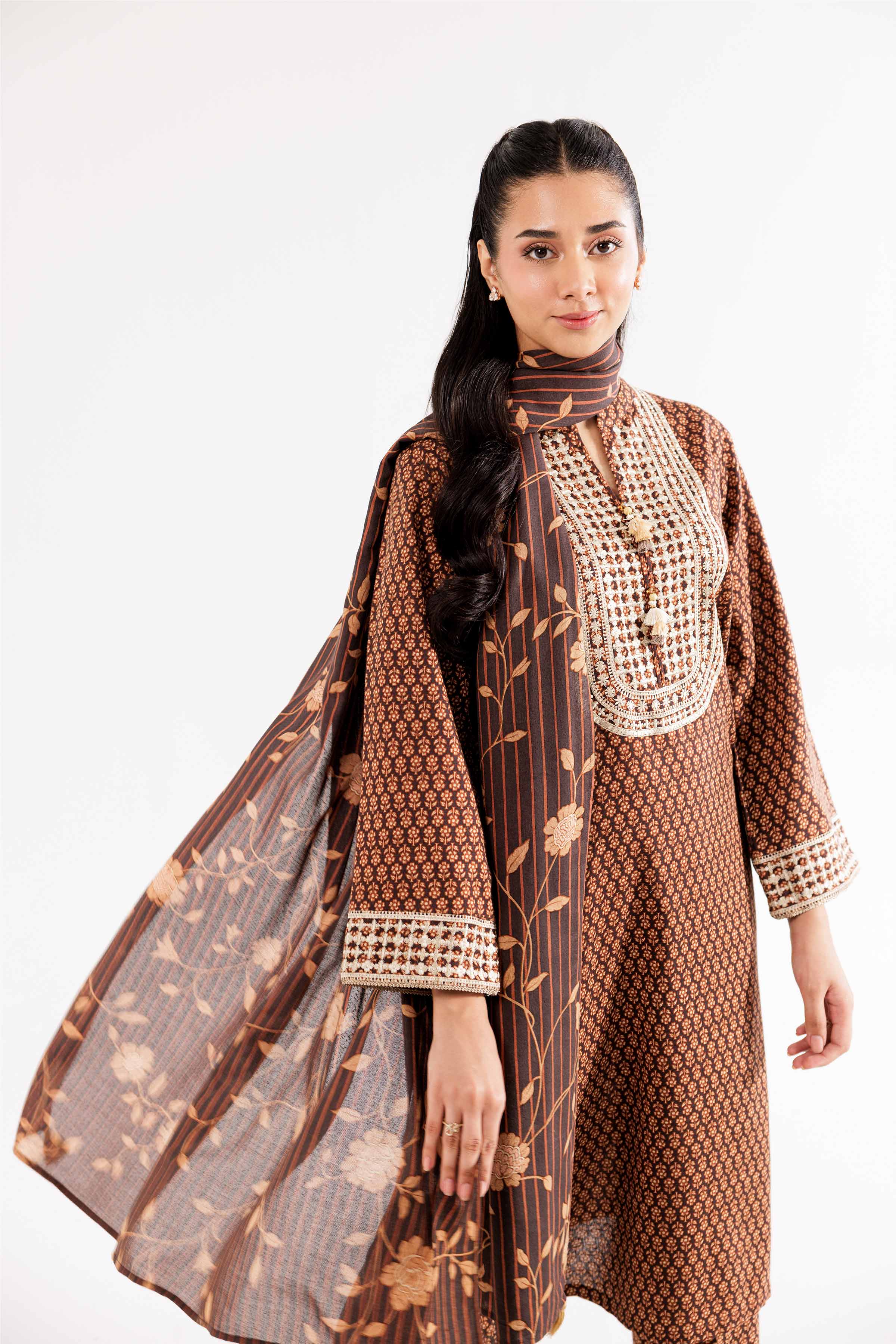3 Piece - Printed Embroidered Suit - PW24-354