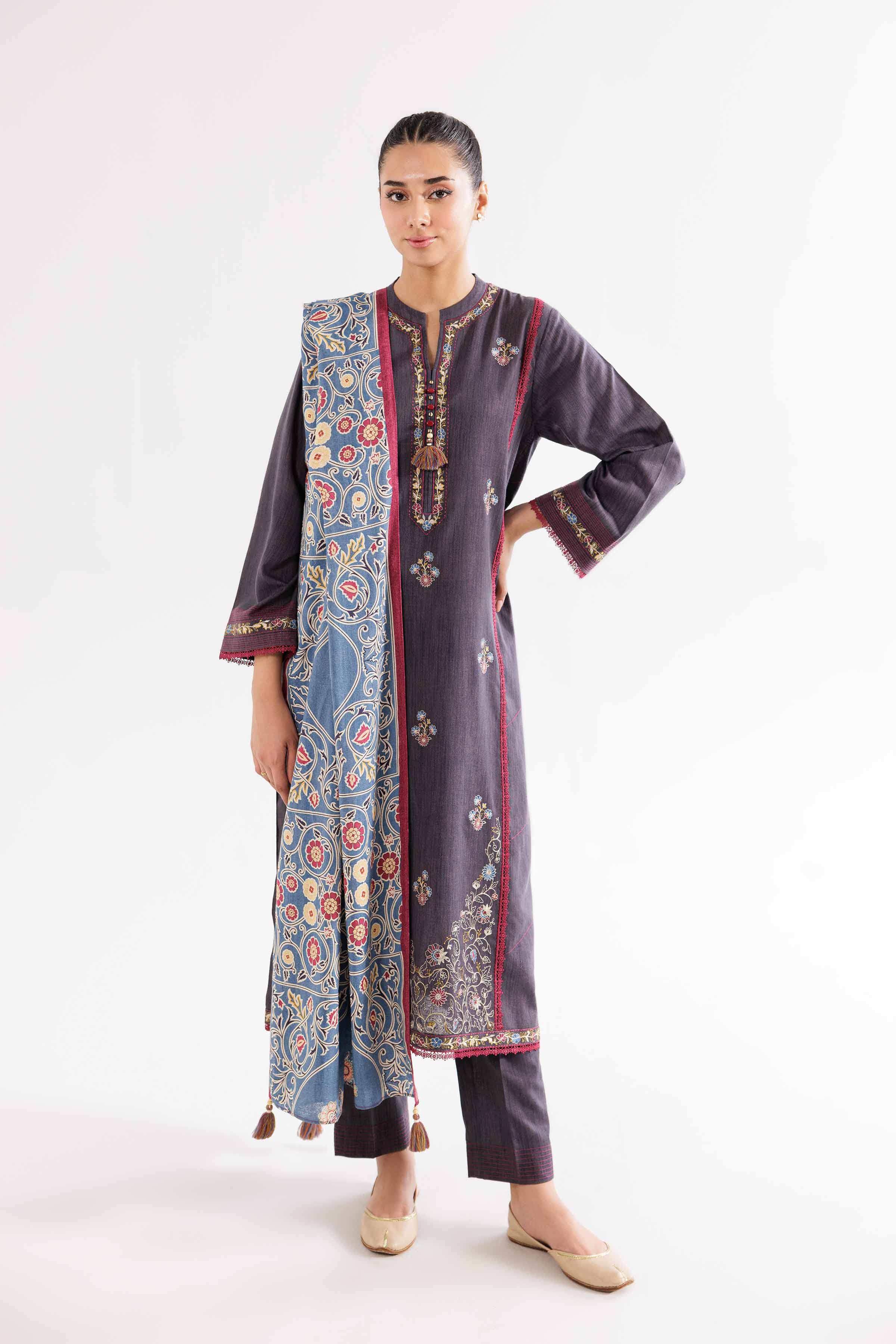3 Piece - Printed Embroidered Suit - PW24-362