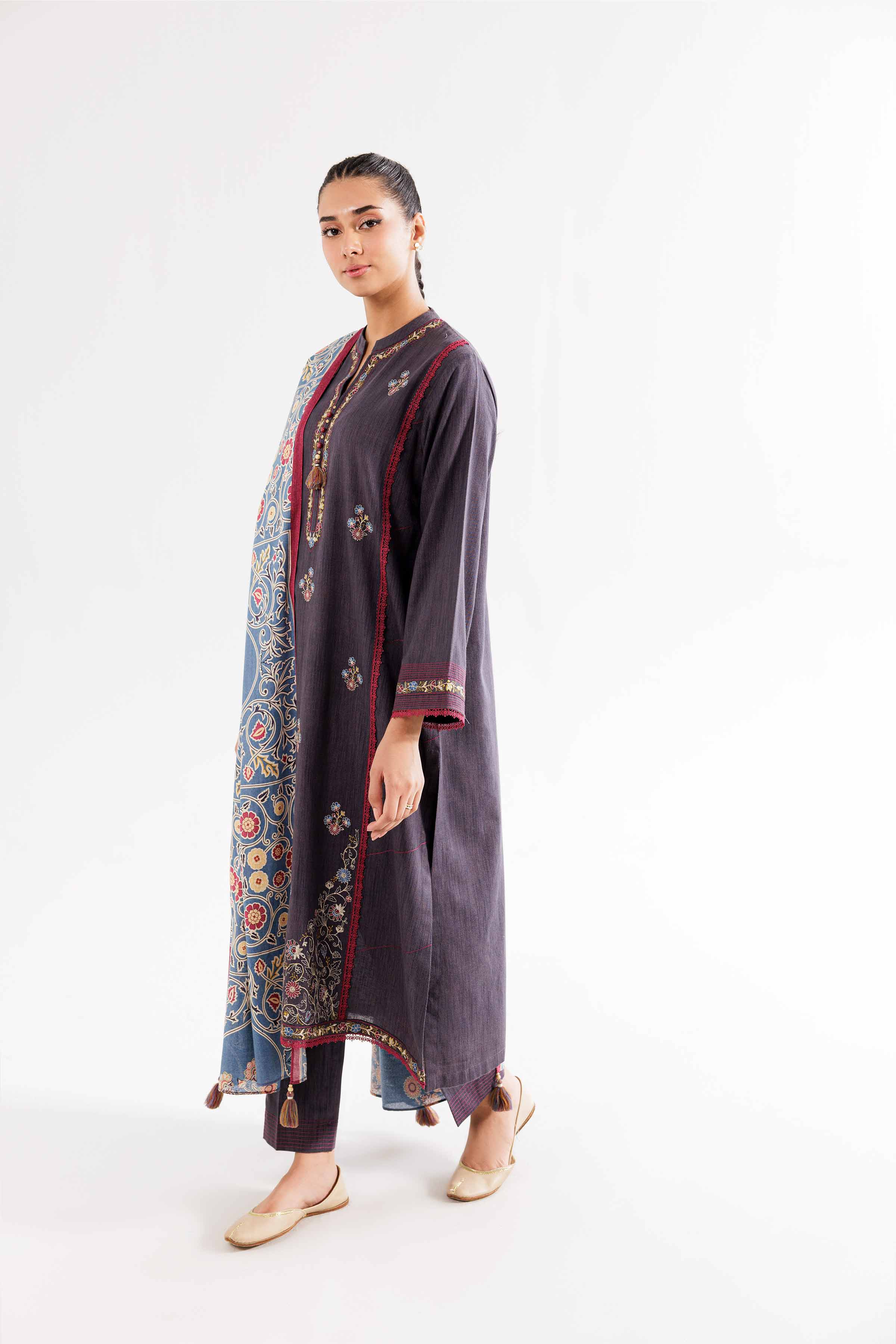 3 Piece - Printed Embroidered Suit - PW24-362