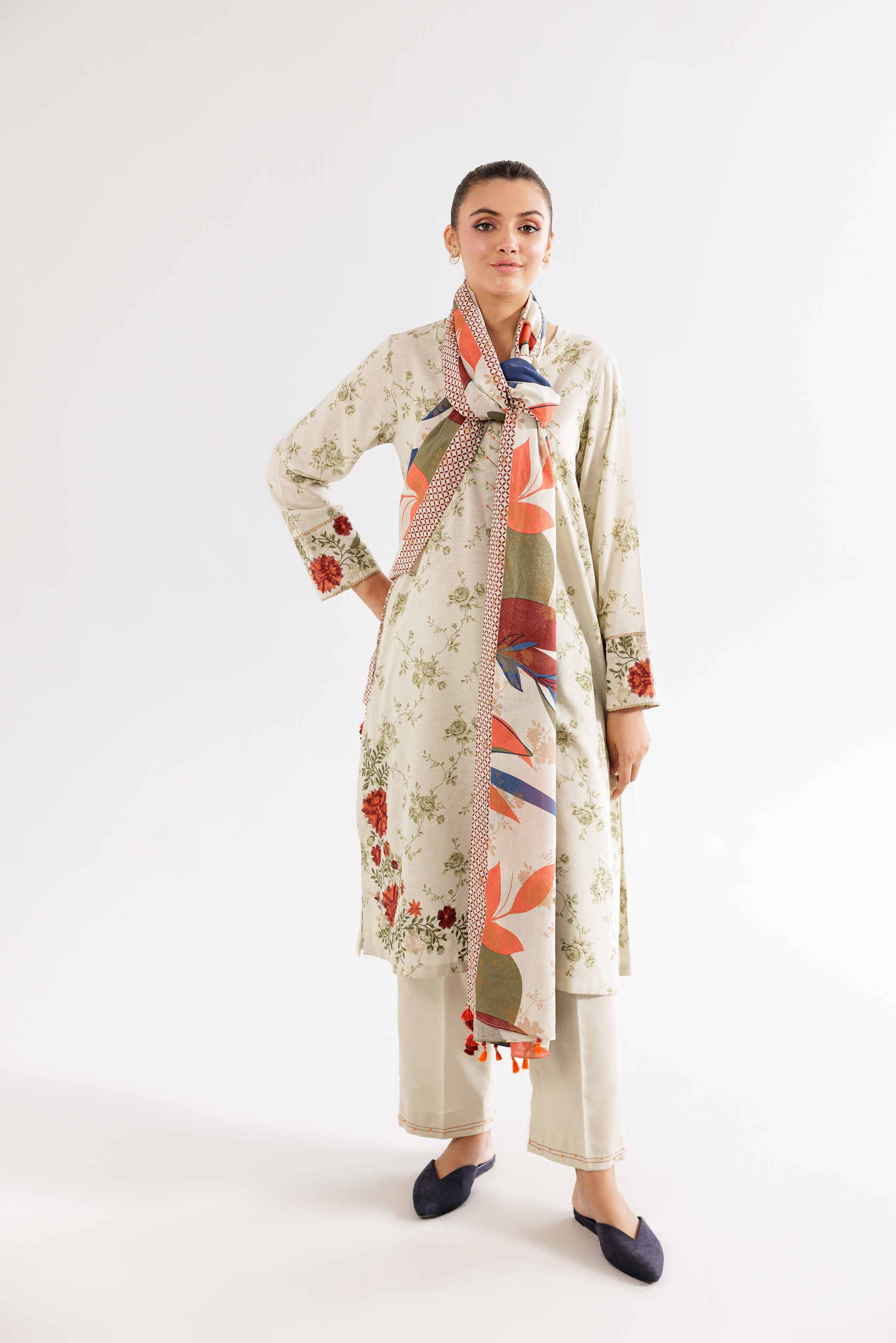3 Piece - Printed Embroidered Suit - PW24-377