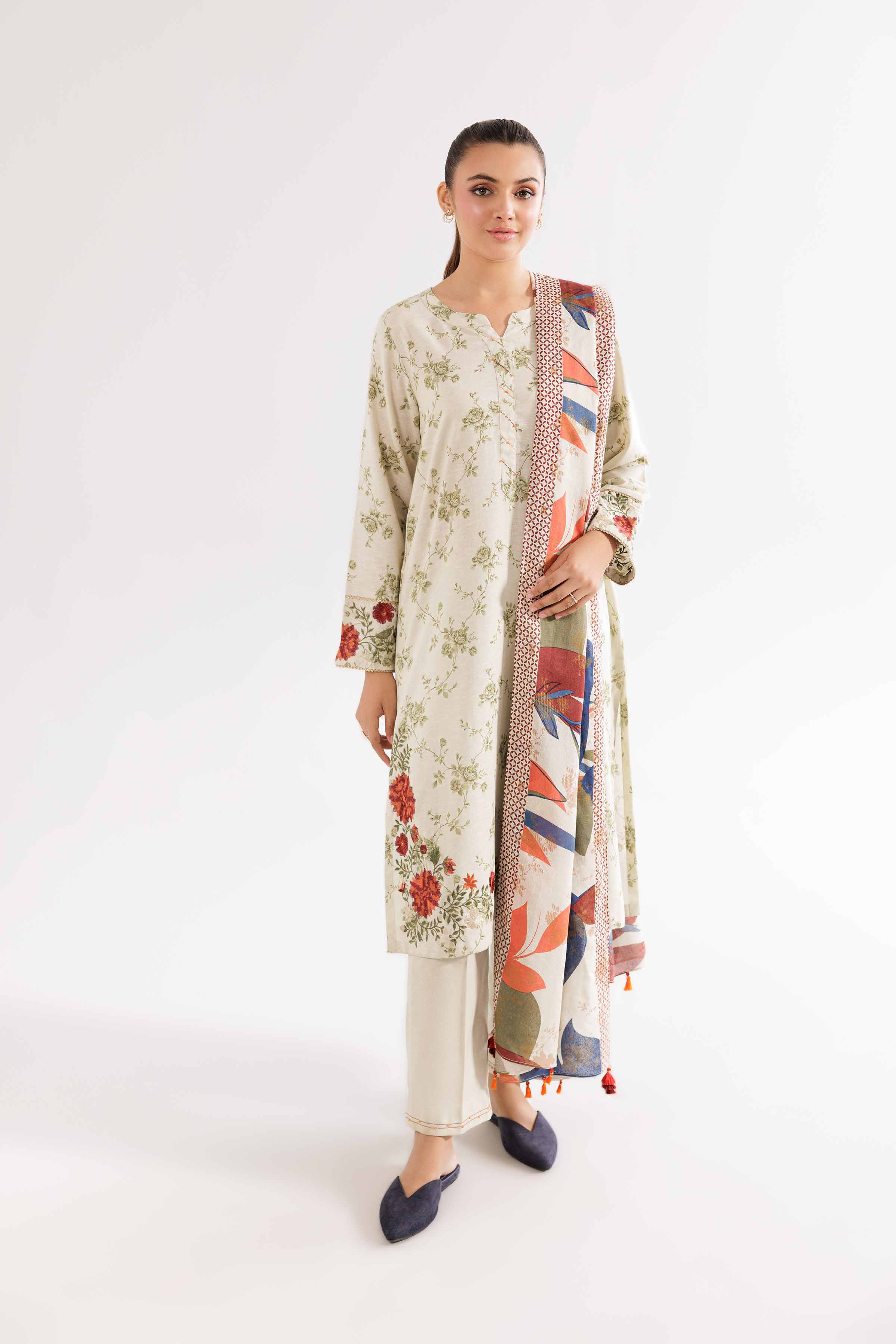 3 Piece - Printed Embroidered Suit - PW24-377