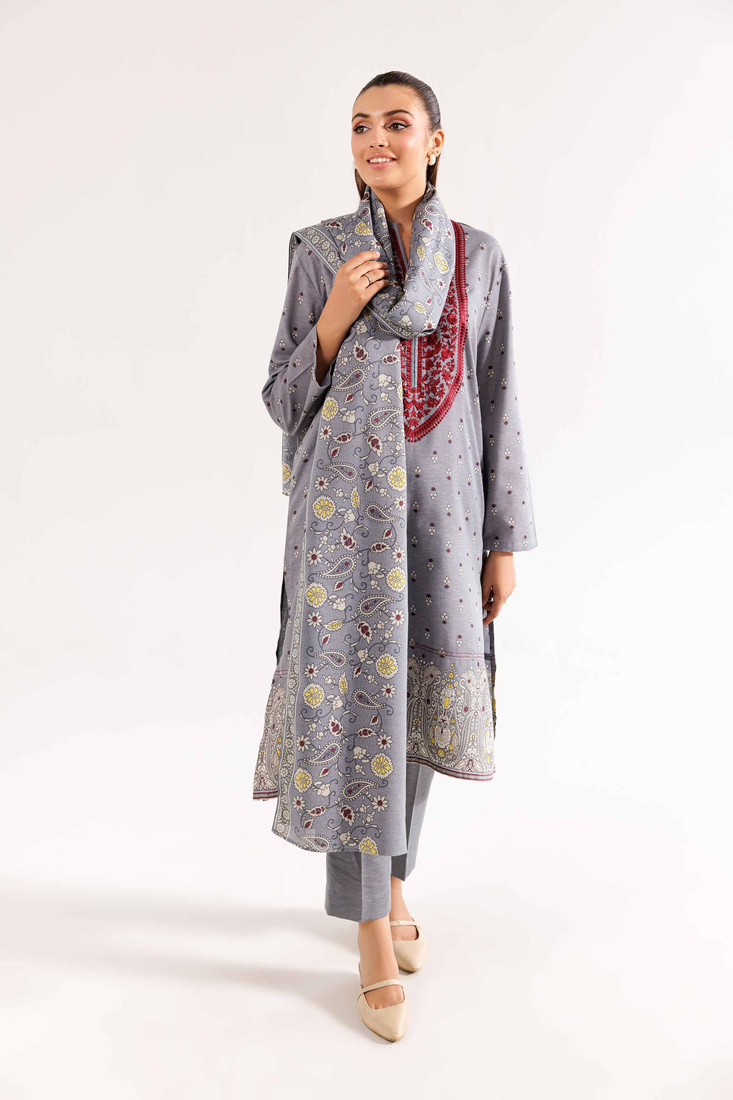 3 Piece - Printed Embroidered Suit - PW24-386