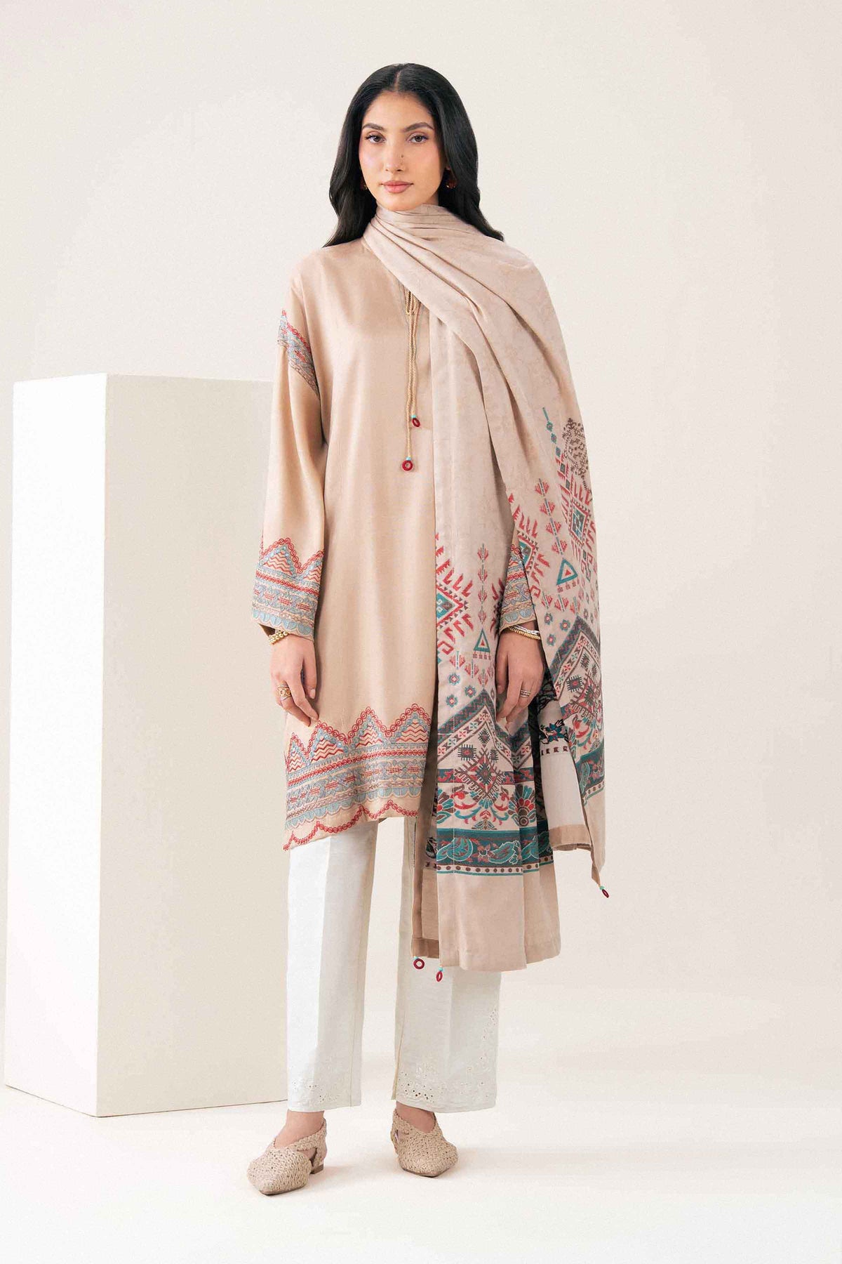 Buy beige embroidered 2-piece suit - front view | Nishat USA