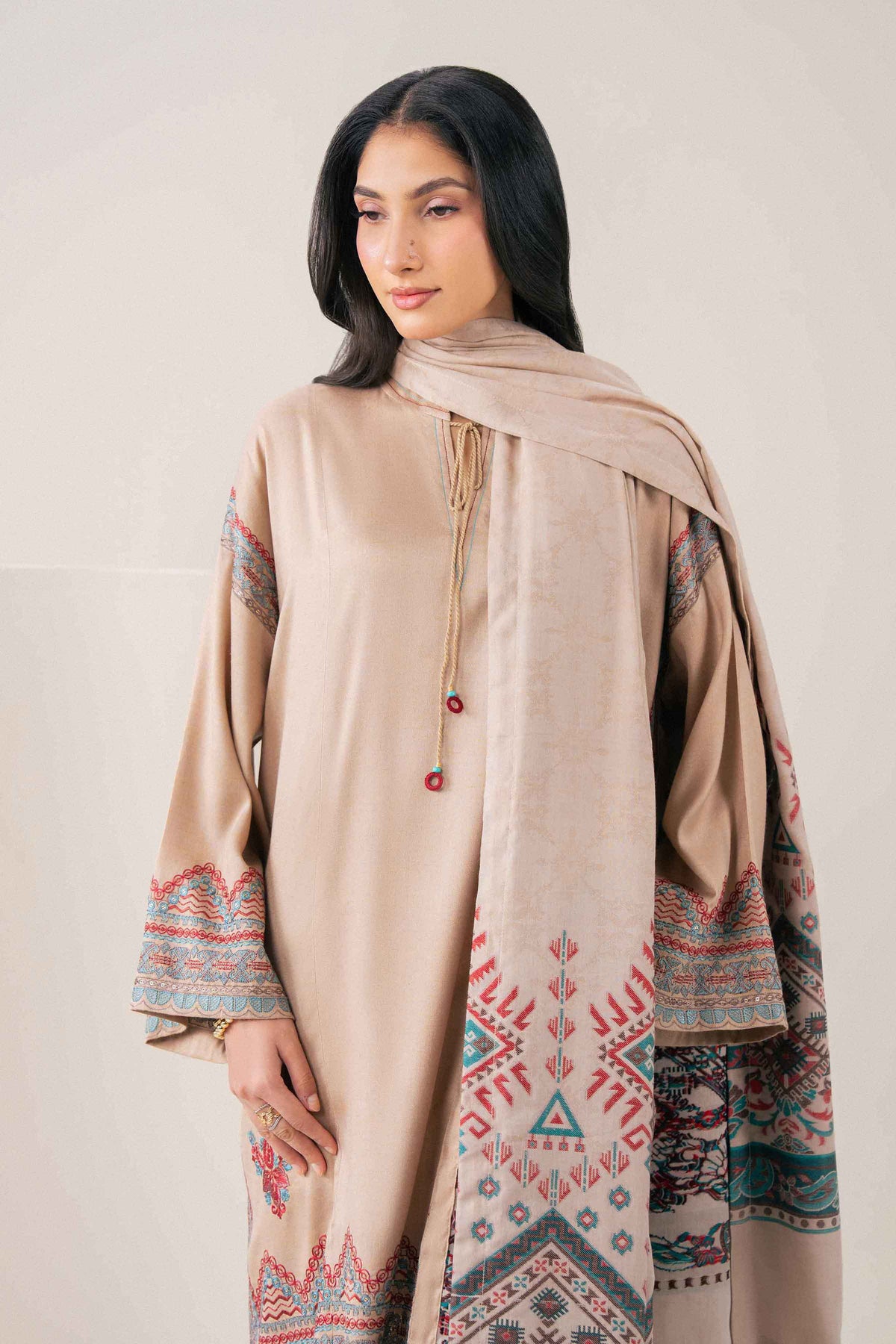 Shop beige embroidered 2-piece suit - back view | Nishat USA