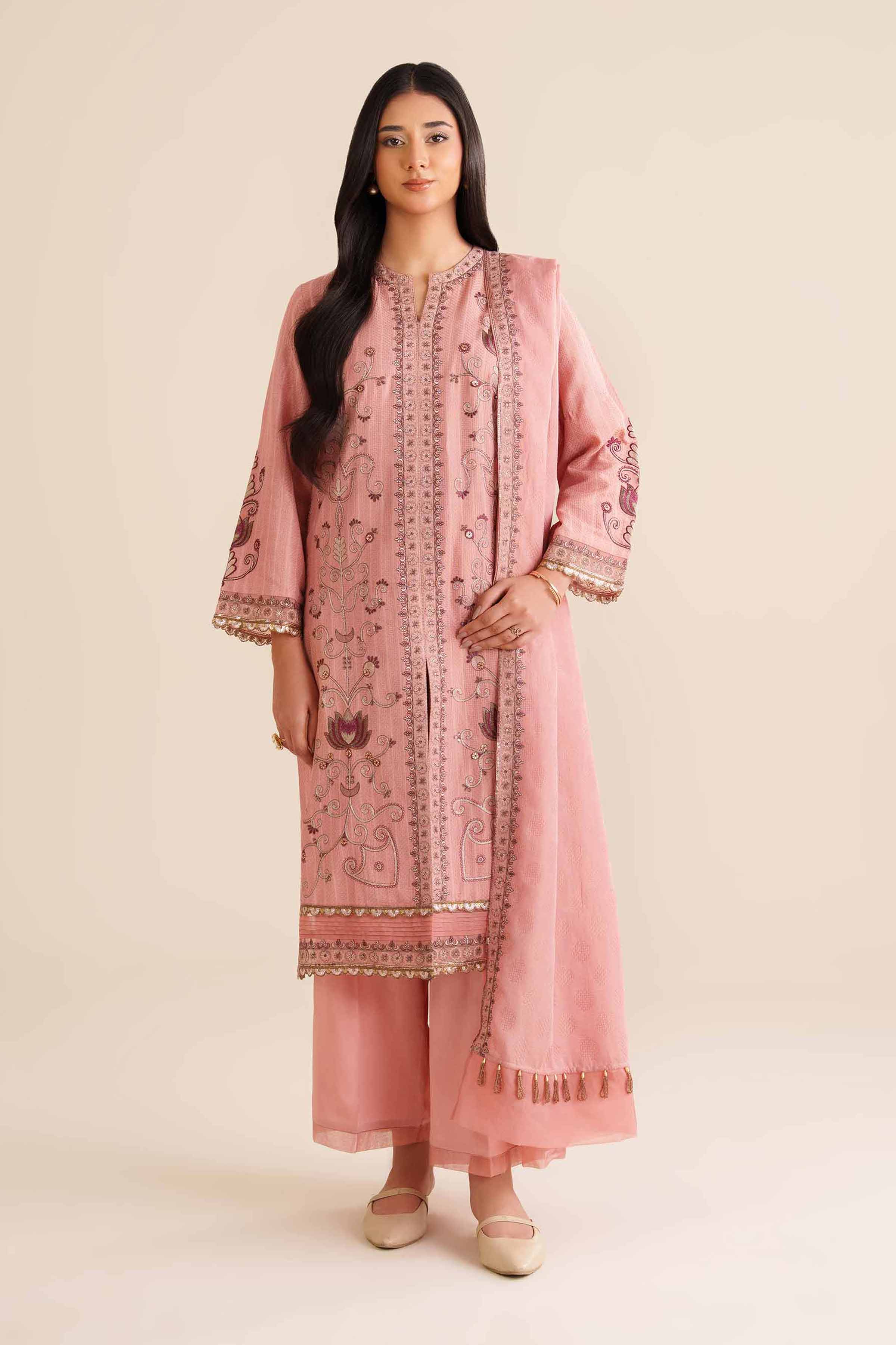 Buy Peach Pink Embroidered Jacquard 3-piece ready to wear Suit