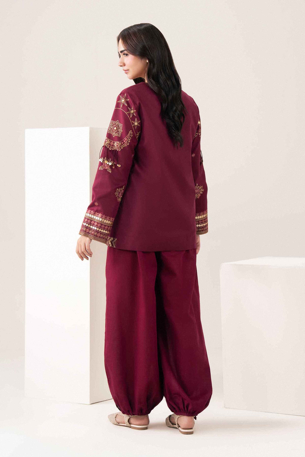 Shop red embroidered karandi jacket - side view | Nishat USA