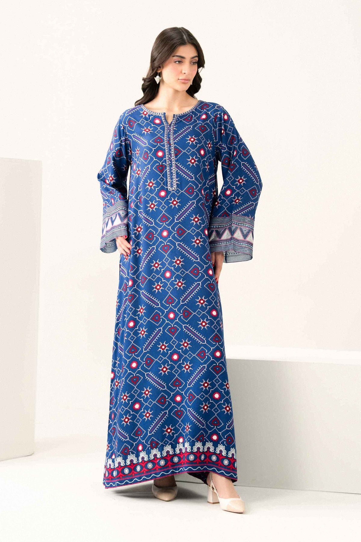 Buy blue printed embroidered viscose dress - front view | Nishat USA