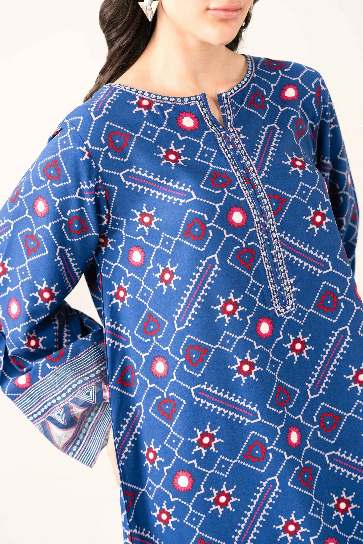Shop blue printed embroidered viscose dress - full look | Nishat USA