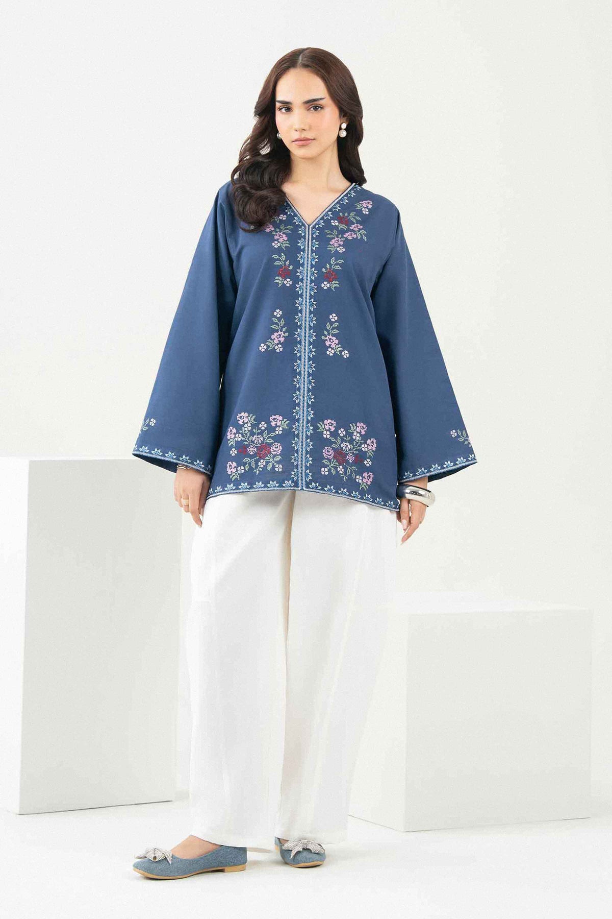 Shop blue embroidered khaddar tunic - front view | Nishat USA