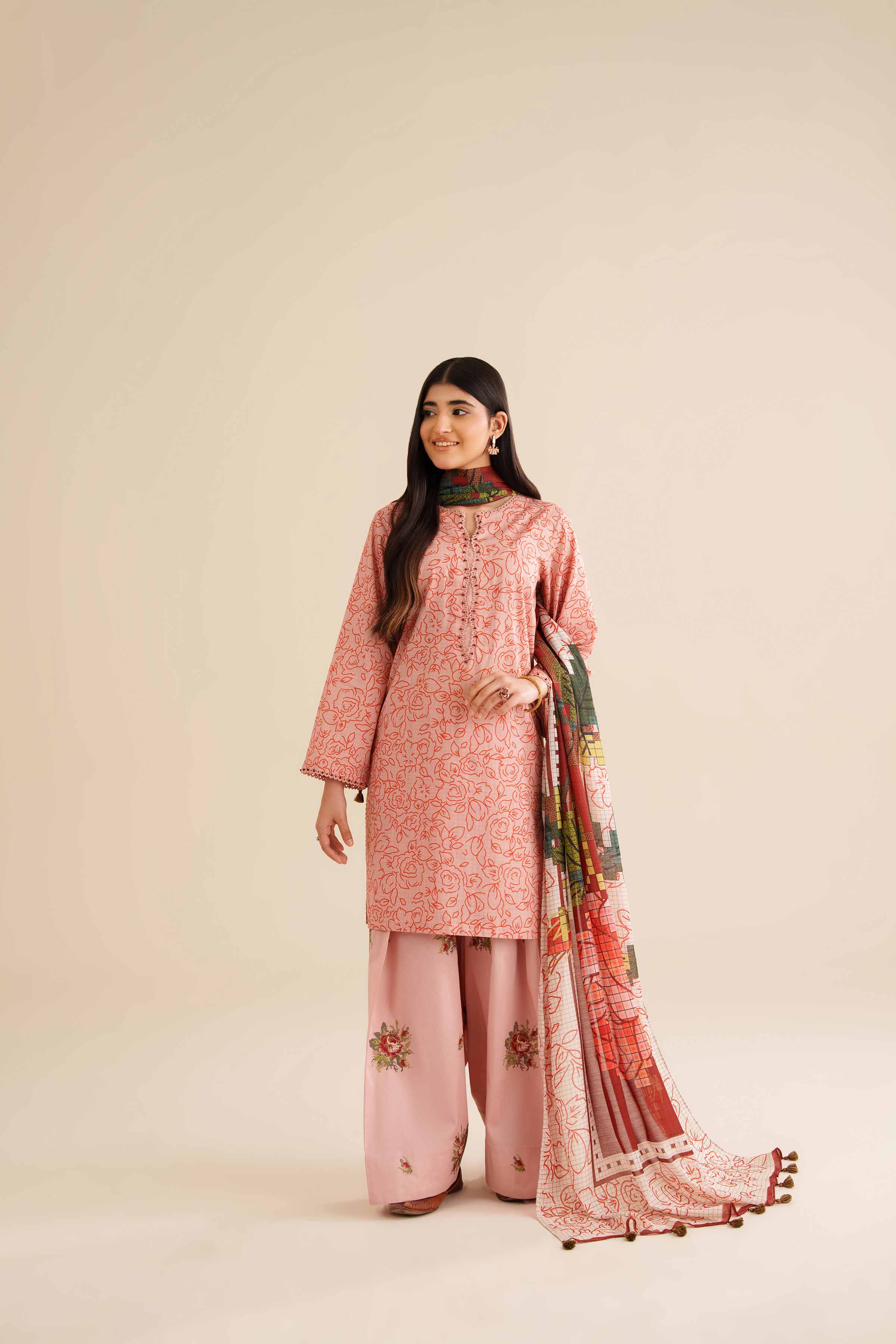 3 Piece - Printed Embroidered Suit - PW25-418
